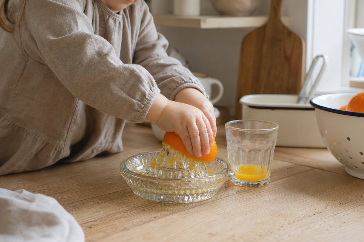 Kinderhände pressen eine halbe Orange auf einer Glas-Saftpresse aus