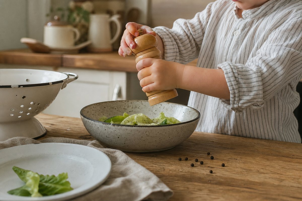 Kinderhände drehen eine kleine Gewürzmühle über einer Schale