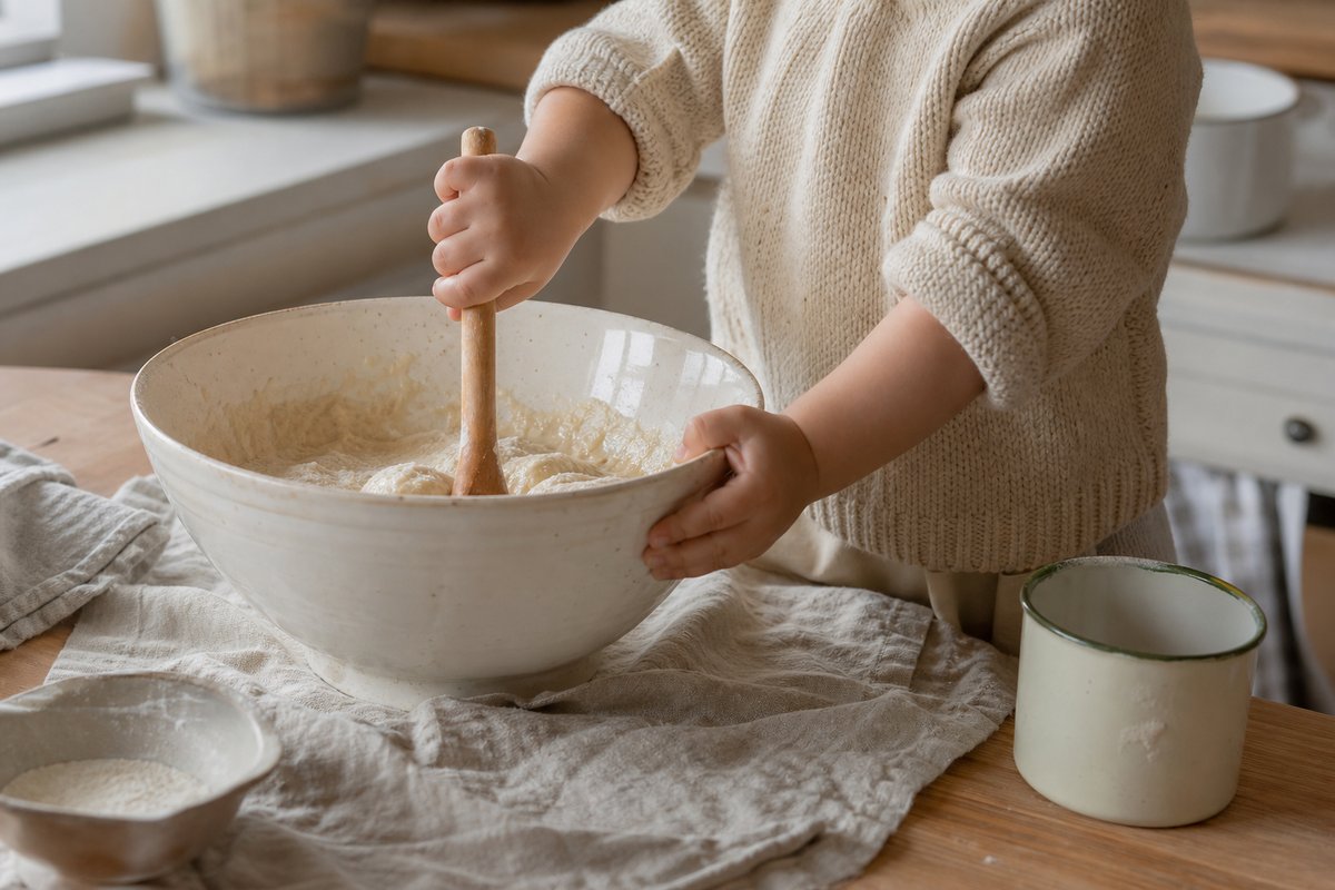 Kinderhände rühren mit einem Holzlöffel Teig in einer Keramikschüssel