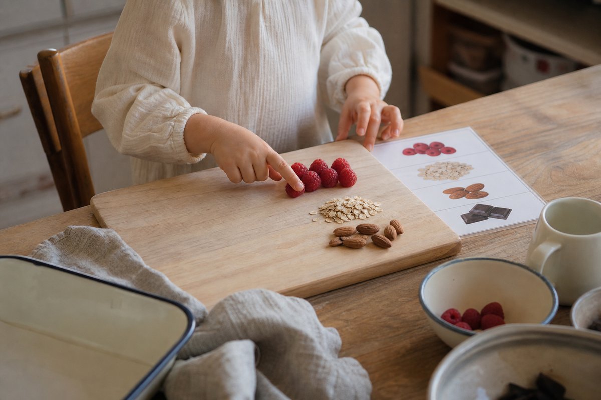 Kleinkind legt Zutaten nach einer bebilderten Rezeptkarte zurecht