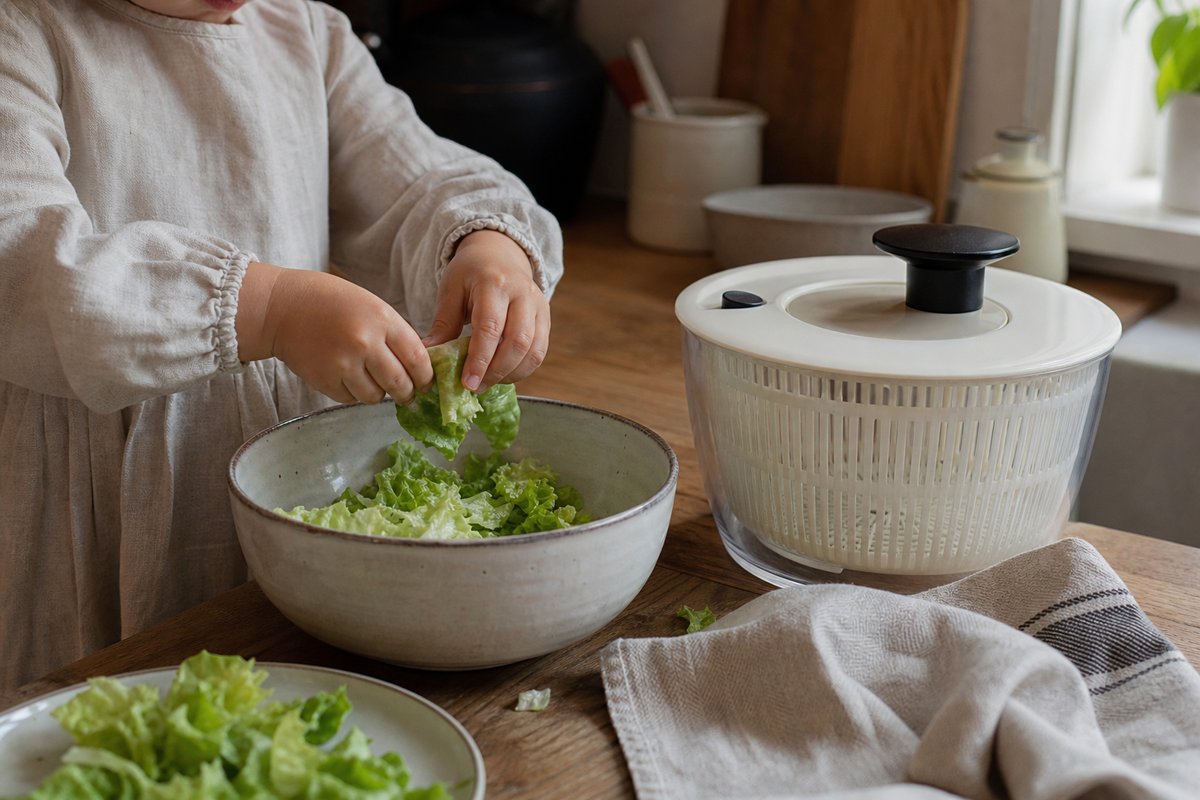 Kinderhände zupfen Salatblätter in eine Schüssel neben einer Salatschleuder