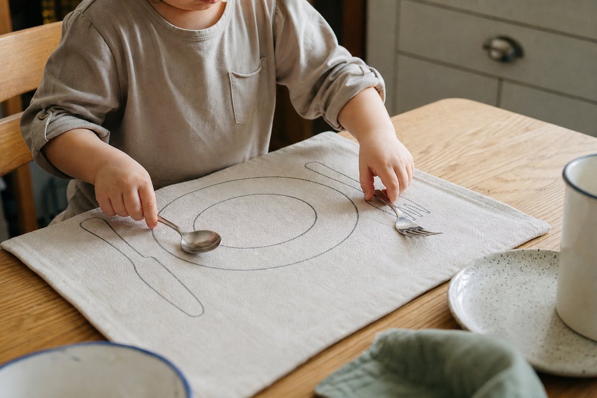Kinderhände legen Besteck auf ein Tischset mit aufgedruckten Umrissen