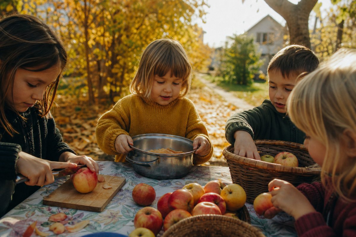 Kinder sitzen um einen Gartentisch voller Äpfel und schneiden Apfelstücke