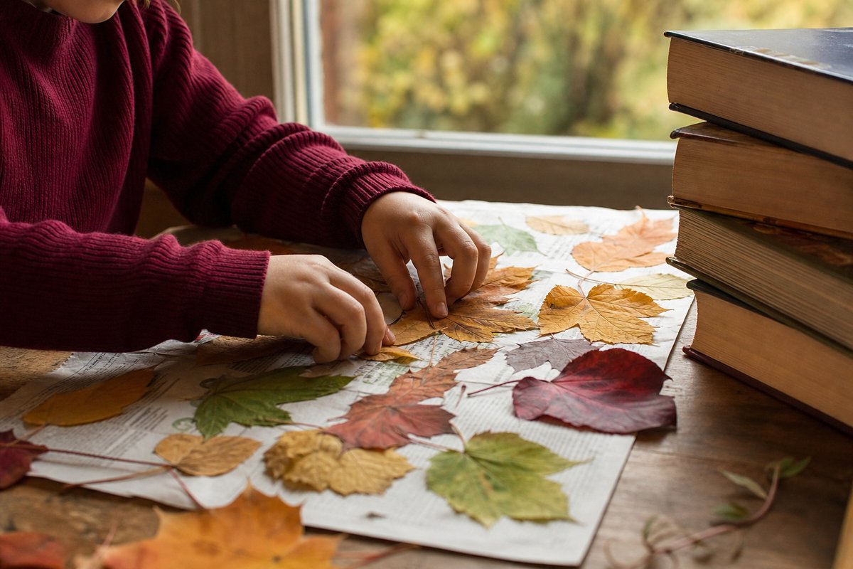 Kinderhände legen bunte Herbstblätter auf Zeitungspapier, daneben schwere Bücher