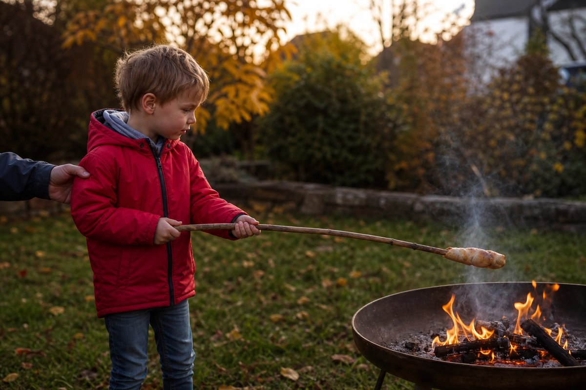 Junge in roter Jacke hält Stockbrot über eine Feuerschale im herbstlichen Garten