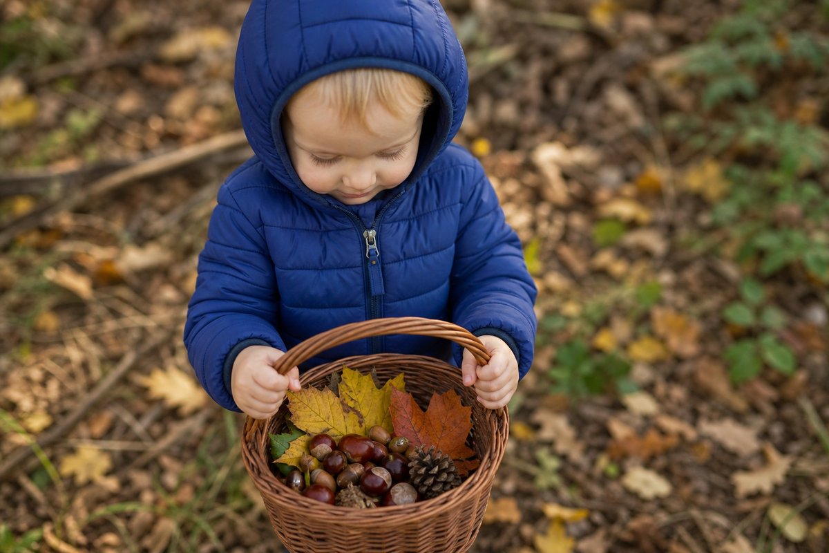 Kleinkind hält einen Weidenkorb mit Kastanien, Eicheln und Herbstblättern