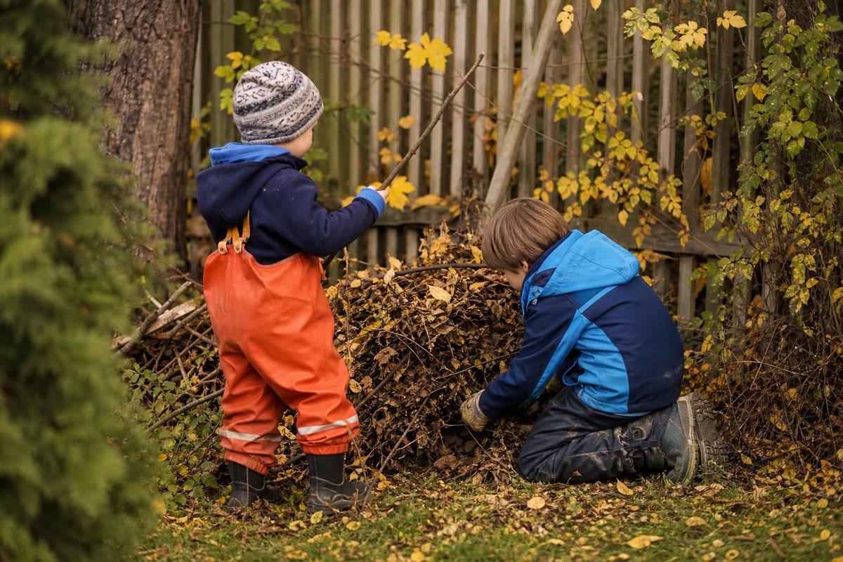 Zwei Kinder stapeln Äste und Laub zu einem Unterschlupf in einer Gartenecke
