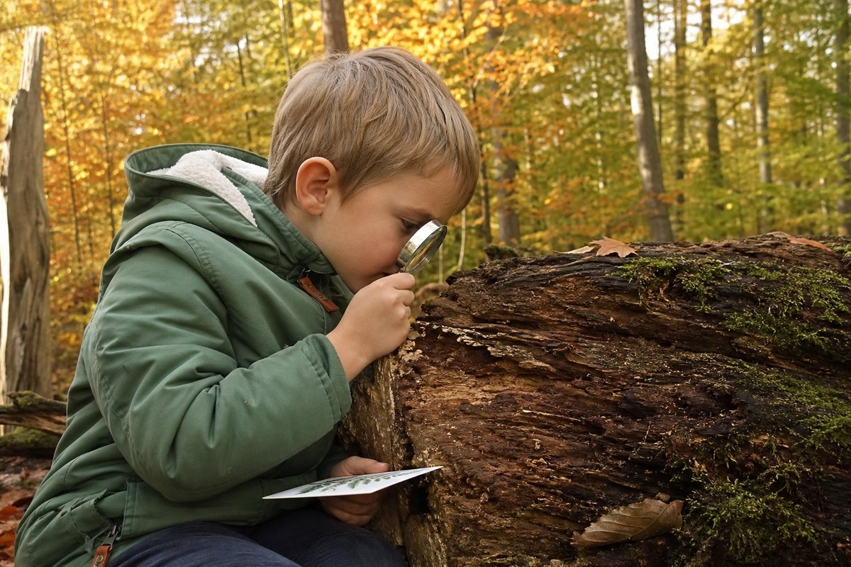Junge betrachtet mit einer Lupe die Rinde eines Baumes im Herbstwald