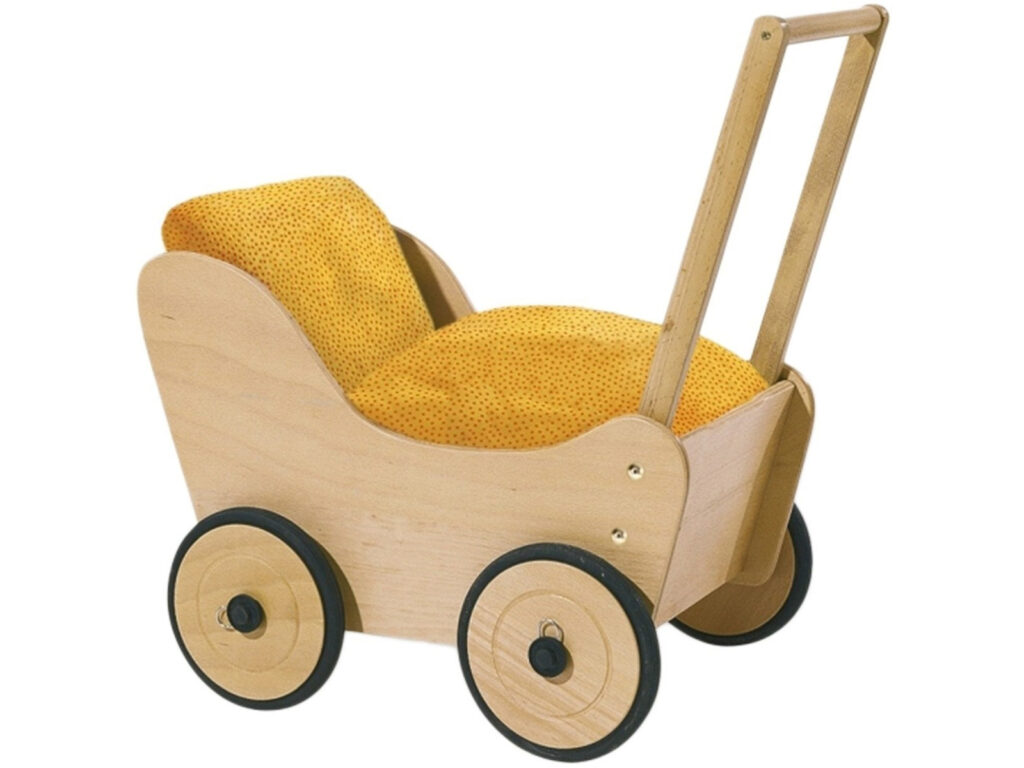 Holzpuppenwagen mit gelber Polsterung