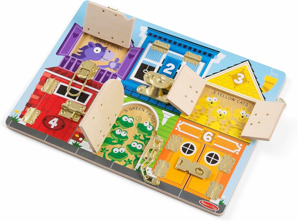 Lernspielzeug mit bunten Verschlüssen und Zahlen.