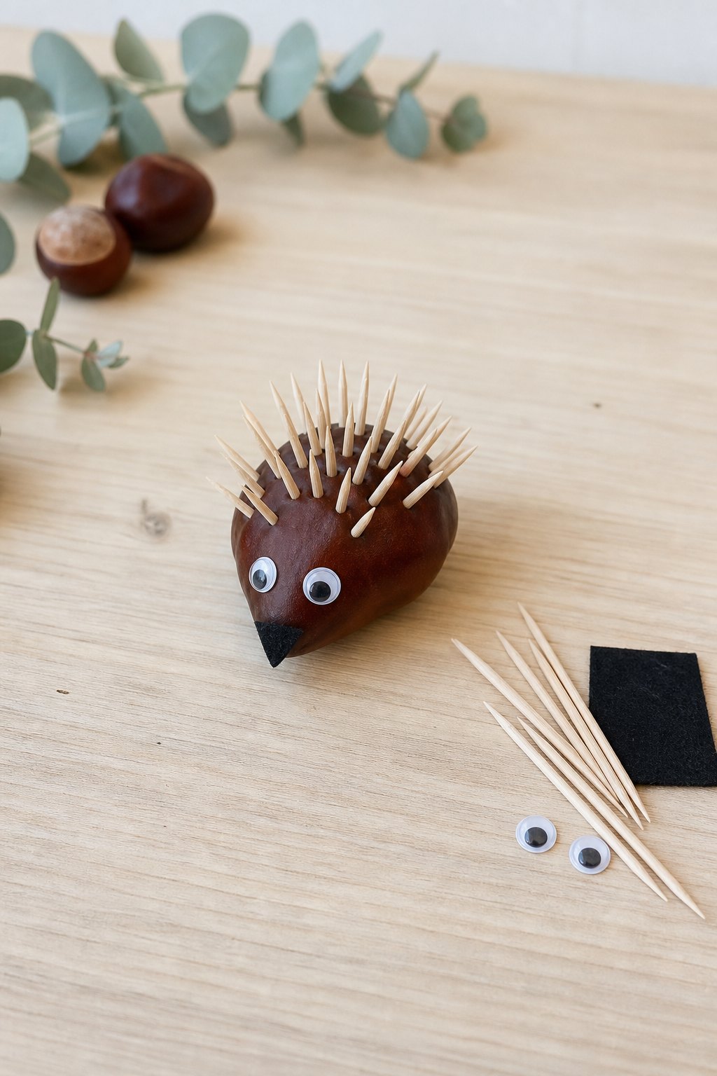 Igel aus einer dunkelbraunen Kastanie mit Zahnstochern als Stacheln