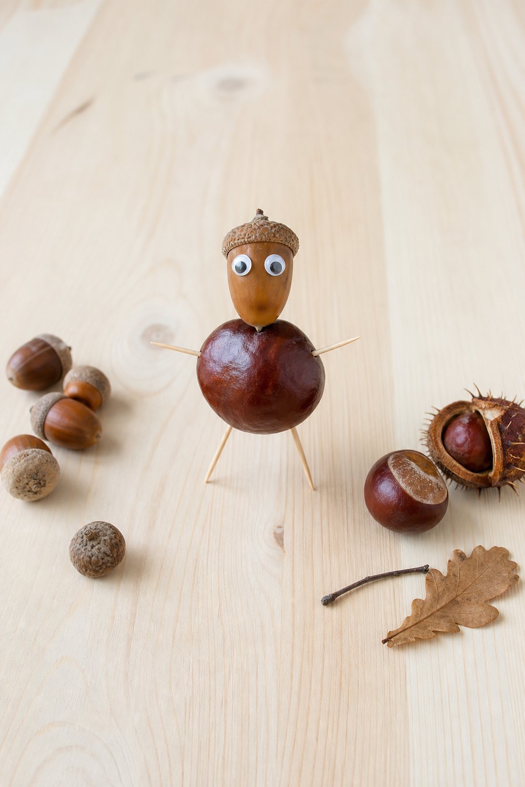 Kastanienmännchen aus einer großen Kastanie und Naturmaterial