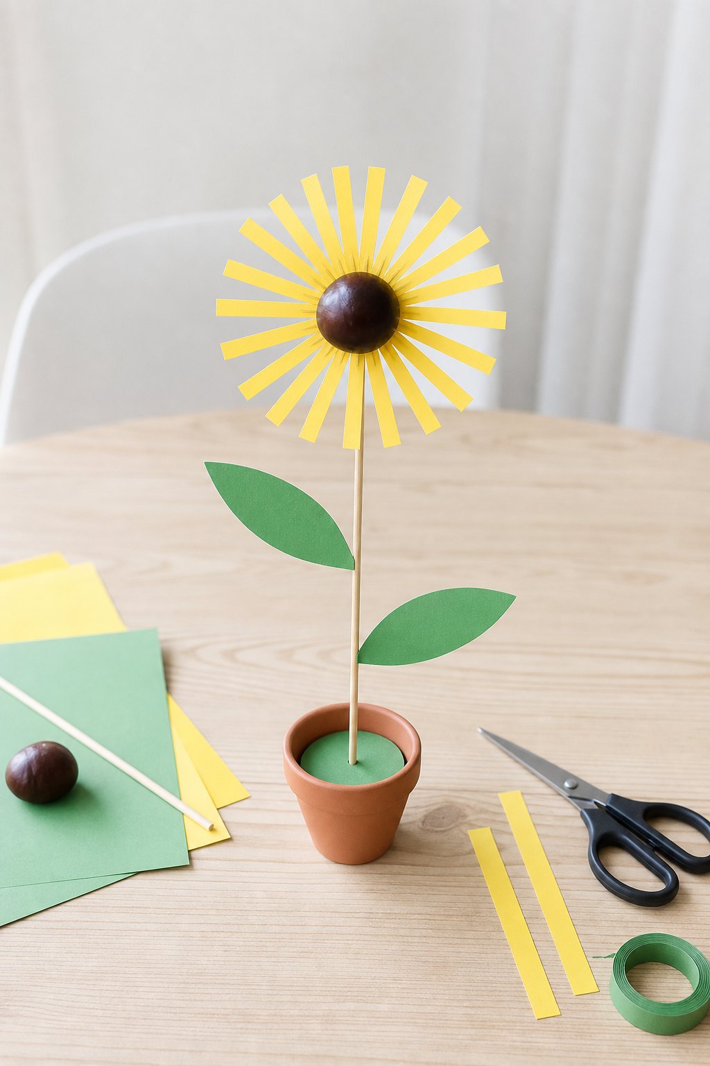 Sonnenblume aus Bastelmaterial mit einer Kastanie in der Mitte