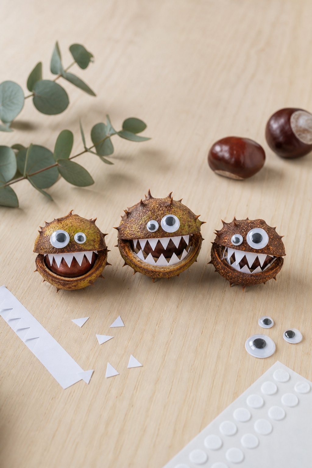 Drei aufgeplatzte Kastanienschalen, als kleine Monster gestaltet