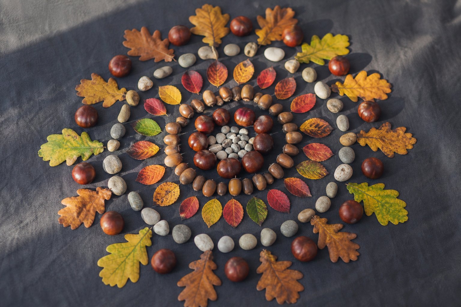 Auf dunklem Tuch: ein rundes Mandala aus Kastanien, Eicheln, bunten Herbstblättern und kleinen Steinen in konzentrischen Krei