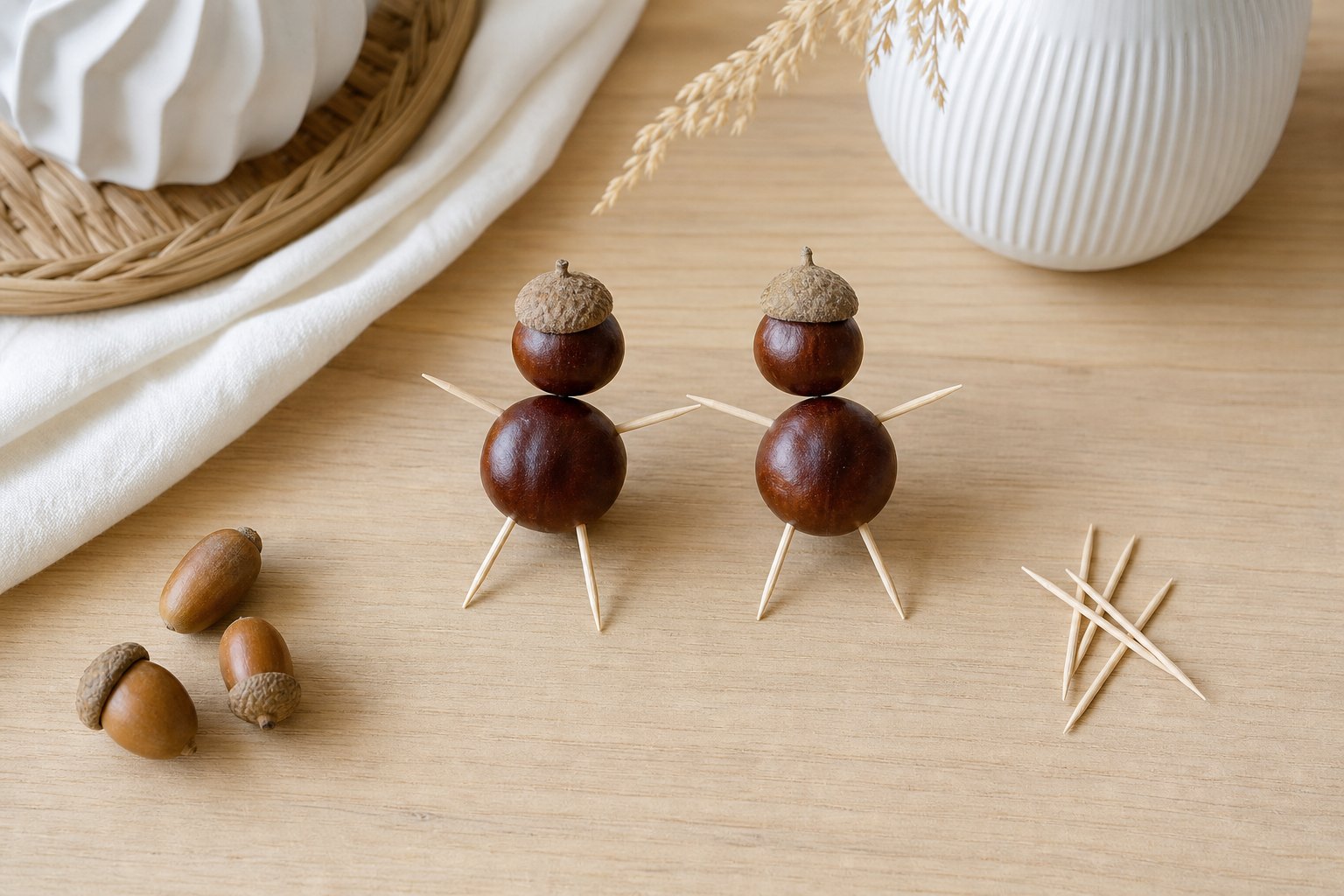 Auf einem Holztisch: zwei kleine Figuren aus je zwei Kastanien mit Zahnstocher-Armen und -Beinen und Eichelhütchen als Mütze,