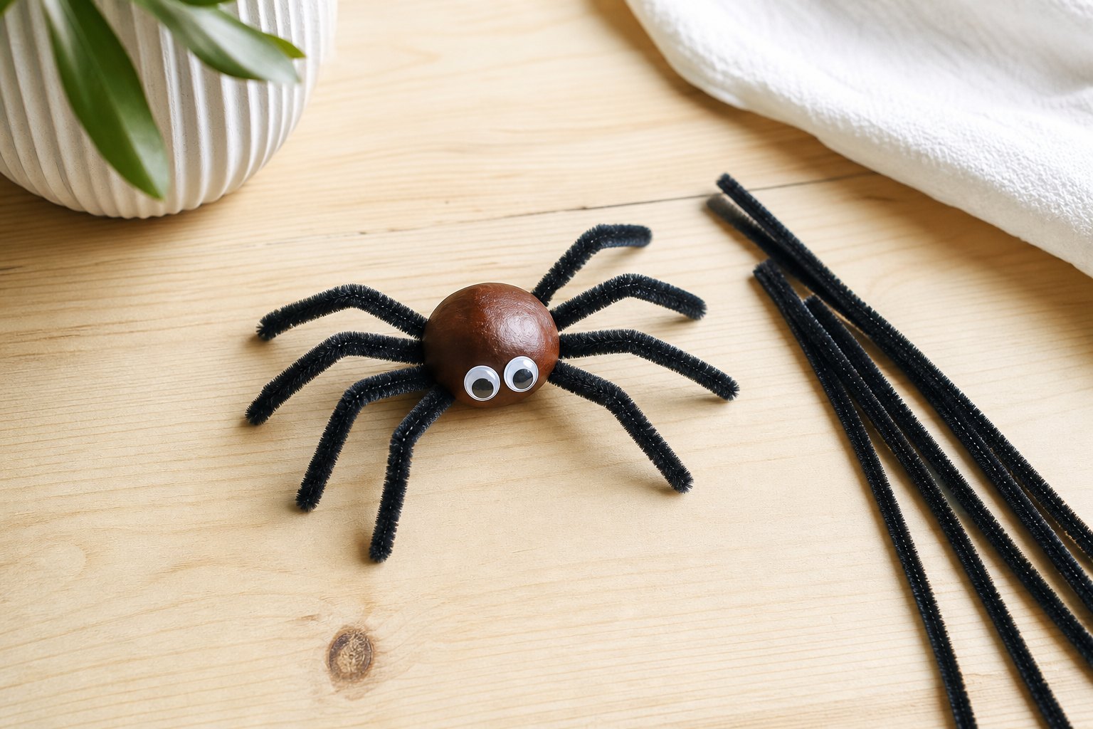 Auf einem Holztisch: eine Spinne aus einer Kastanie mit acht schwarzen Pfeifenreiniger-Beinen und zwei grossen Wackelaugen, d