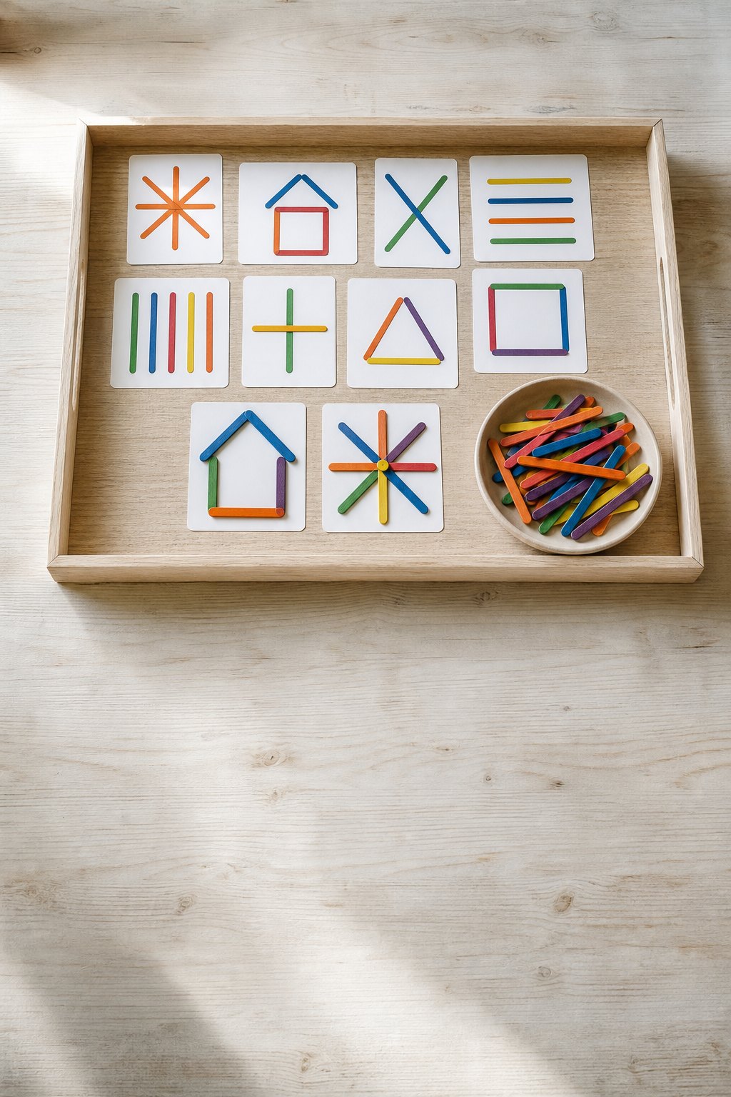 Tablett mit Musterkarten und bunten Eisstäbchen zum Nachlegen