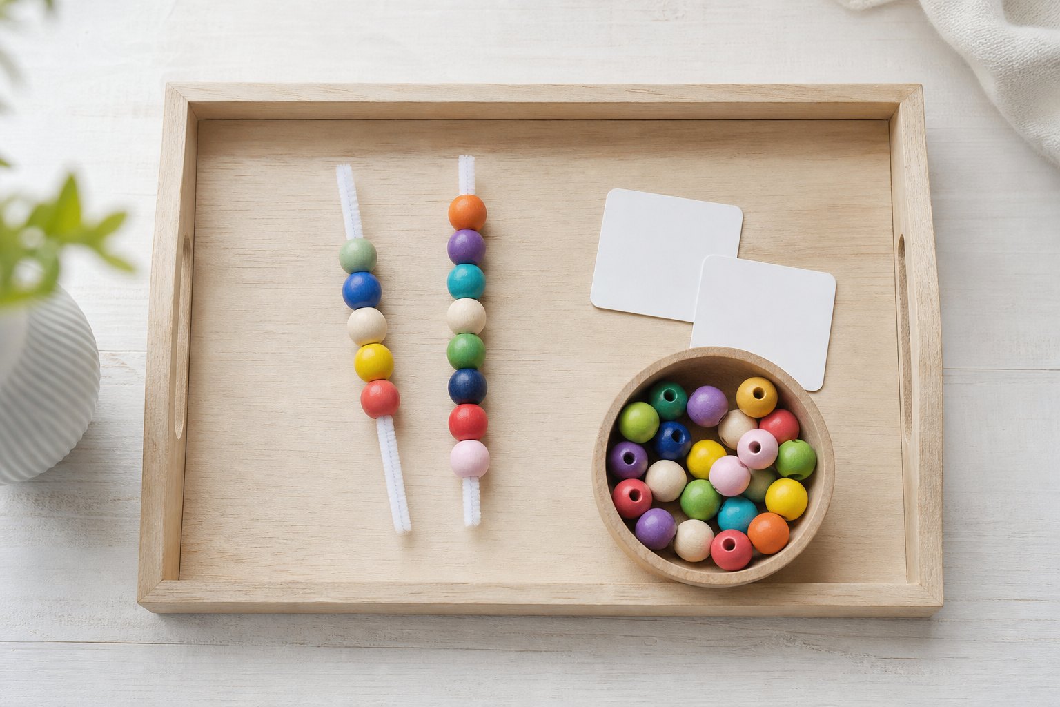 Montessori Tablett mit zwei Pfeifenputzer mit aufgefaedelten bunten Holzperlen unterschiedlicher Anzahl, daneben liegen zwei