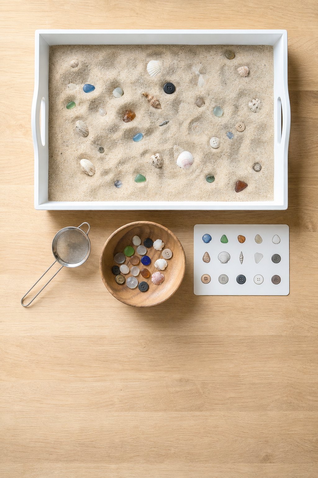 Flache Wanne mit Sand, in dem Glasnuggets, Muscheln und Knöpfe versteckt sind