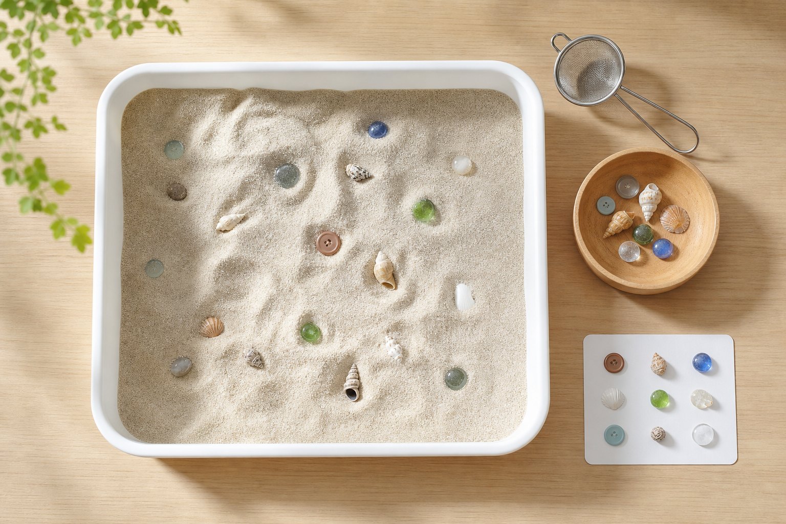 Draufsicht auf eine flache weisse Wanne mit hellem Sand, in dem teilweise sichtbar bunte Glasnuggets, Muscheln und Knoepfe li