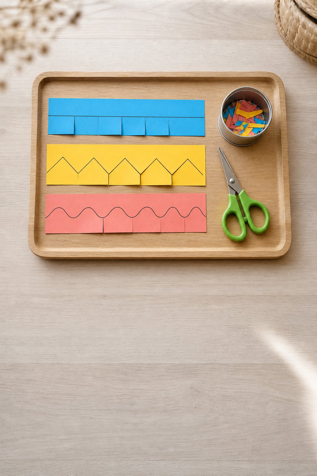 Tablett mit drei bunten Papierstreifen mit geraden, Zickzack- und Wellenlinien