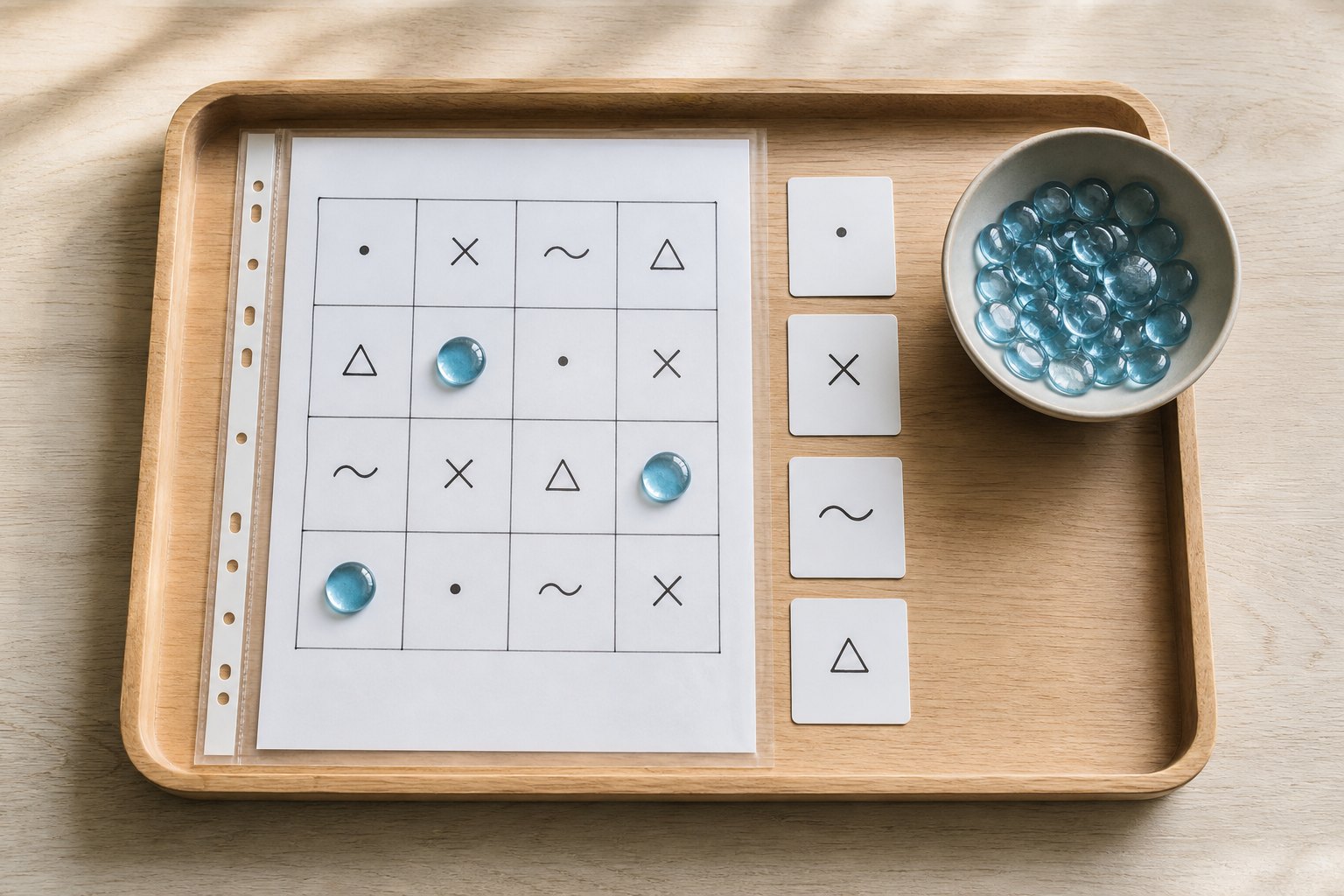 Montessori Tablett mit ein Blatt Papier in einer Klarsichthuelle mit einem handgemalten Raster, in dessen Feldern kleine schw