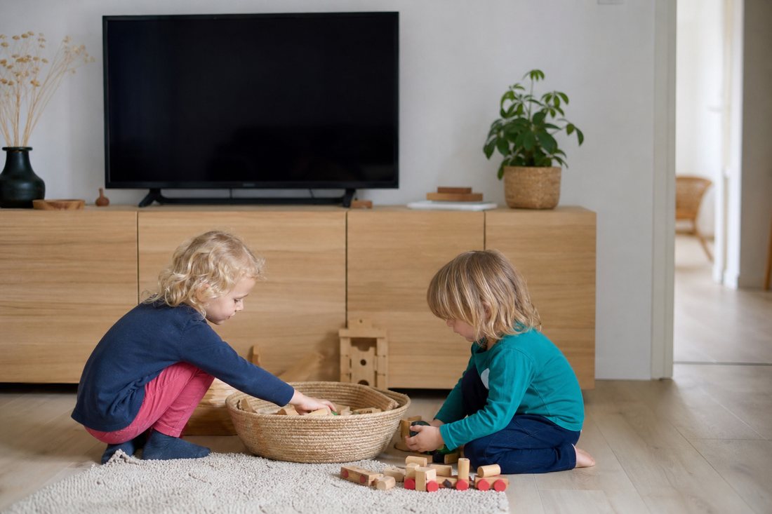 Ein dunkler Bildschirm auf einem Sideboard, davor ein Korb mit Holzspielzeug im Licht - der Bildschirm bleibt unbeachtet