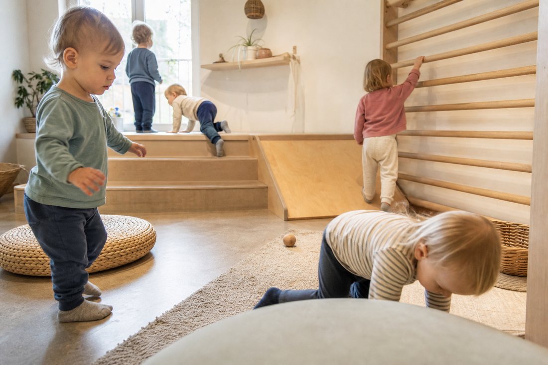 Ein heller Krabbelraum mit Podest, Rampe und Holzstangen an der Wand, mehrere Kleinkinder bewegen sich frei darin.