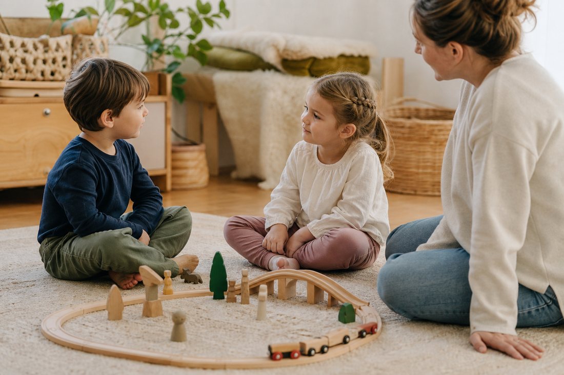 Zwei Kinder streiten sich um ein Holzspielzeug, eine erwachsene Person sitzt daneben am Boden und wartet ruhig ab.