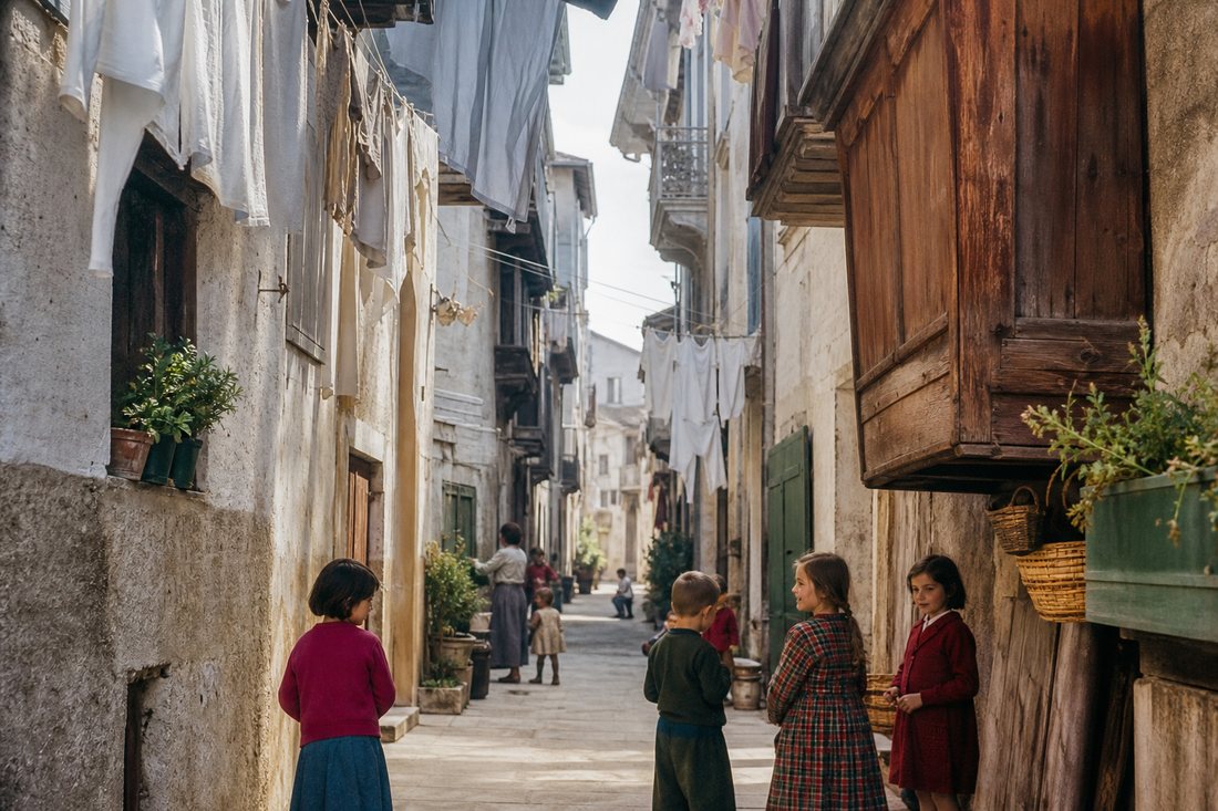 Eine schmale Gasse in einer italienischen Stadt um 1890 mit hohen Hausfassaden und Waesche an der Leine, gedaempfte Farb