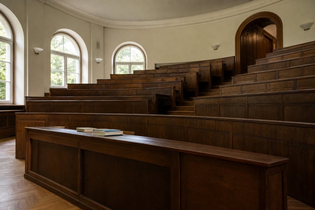 Ein alter Hoersaal mit ansteigenden Holzbaenken, leer bis auf einen einzelnen Platz in der ersten Reihe, auf dem Buecher