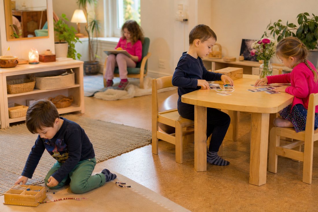 Ein Gruppenraum, in dem Kinder unterschiedlichen Alters gleichzeitig arbeiten: eines am Boden mit Perlenmaterial, zwei a