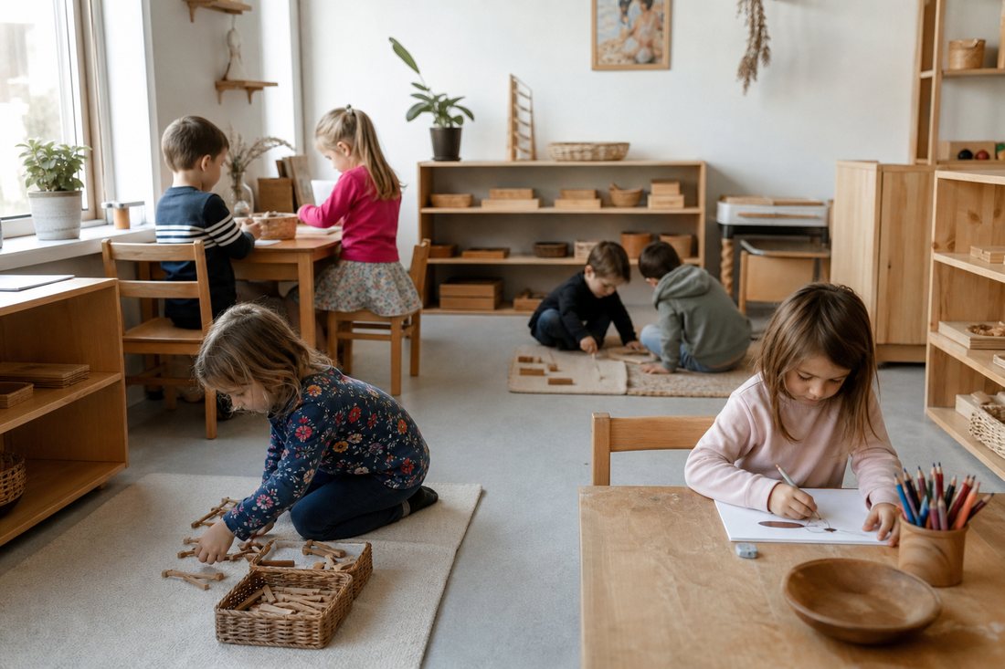 Ein heller Gruppenraum mit niedrigen offenen Regalen voller Holzmaterial, mehrere Kinder arbeiten an verschiedenen Plaet