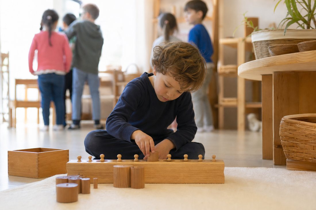Ein Kind arbeitet voellig versunken mit Einsatzzylindern, waehrend im unscharfen Hintergrund andere Kinder umhergehen.