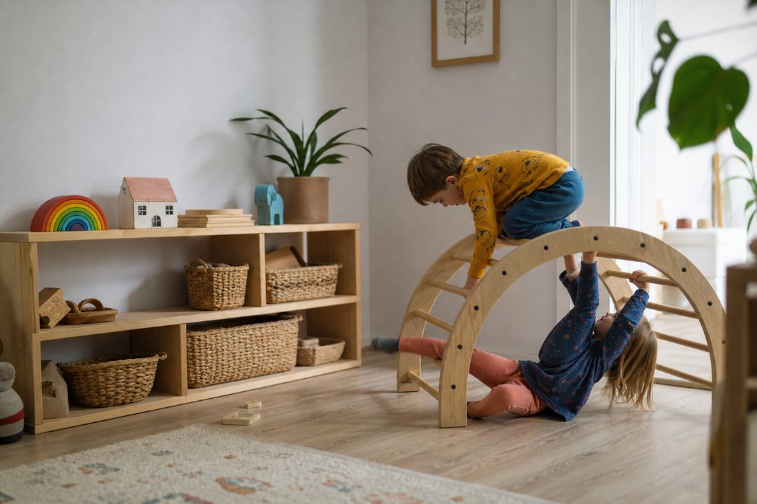 Ein Raum, in dem beides steht: ein niedriges offenes Regal mit Holzmaterial und daneben ein Kletterbogen.