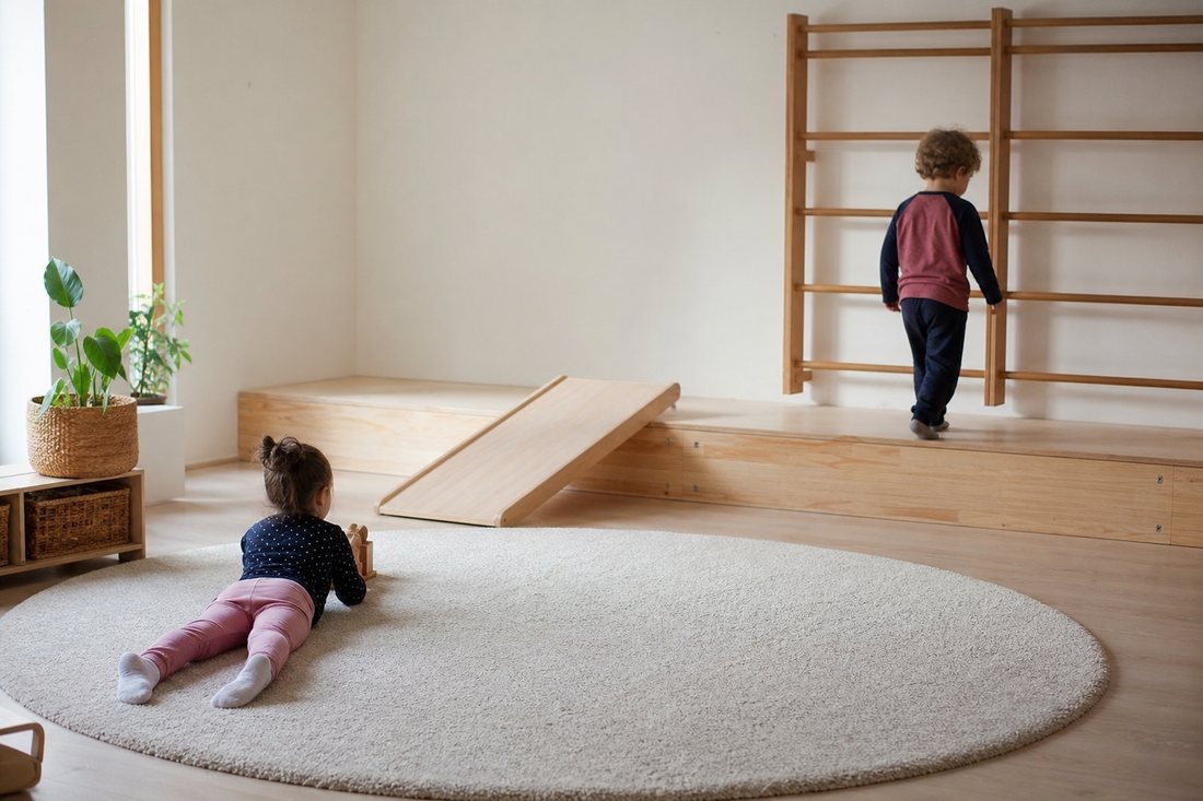 Ein fast leerer heller Raum mit Podest, Rampe, Holzstangen an der Wand und einem weichen Teppich in der Mitte.