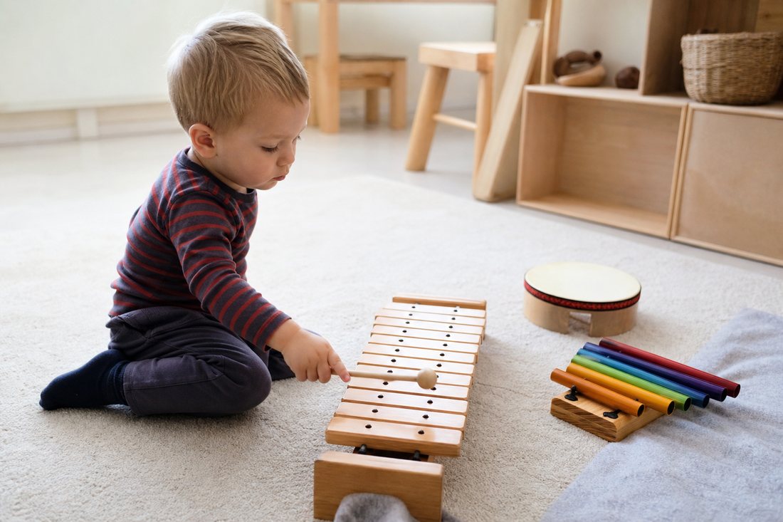 Ein Kind schlaegt vorsichtig auf ein Xylophon aus Holz, daneben stehen Klangstaebe und eine kleine Trommel auf einem Tep