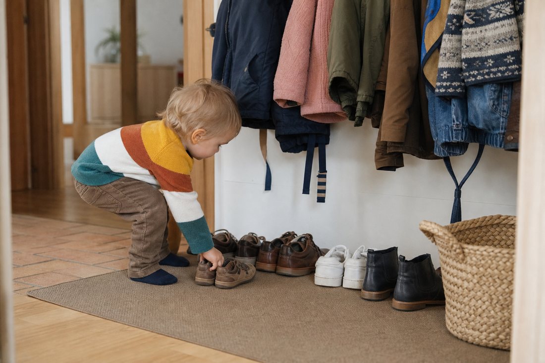 Ein Kleinkind stellt seine Schuhe sorgfaeltig neben die der Erwachsenen an der Garderobe, alle Paare ordentlich nebenein