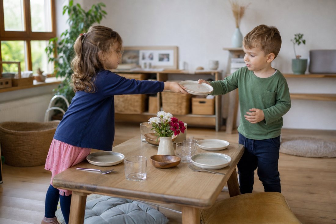 Zwei Kinder um die vier Jahre decken gemeinsam einen niedrigen Tisch, eines reicht dem anderen einen Teller.