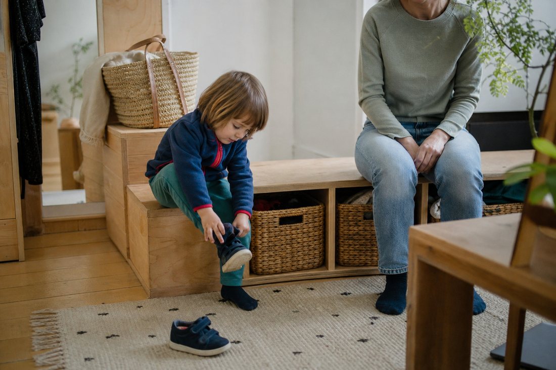 Ein Kind zieht sich muehsam einen Schuh an, eine erwachsene Person sitzt daneben, die Haende im Schoss.