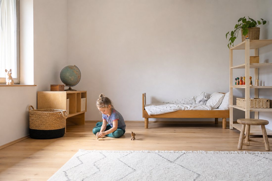 Ein sehr aufgeraeumtes Kinderzimmer mit nur wenigen ausgewaehlten Gegenstaenden, viel freie Flaeche, helle Waende.
