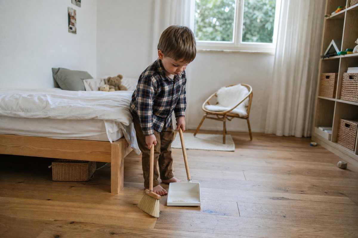 Kind kehrt sein Zimmer mit einem kindergrossen Besen und Kehrschaufel