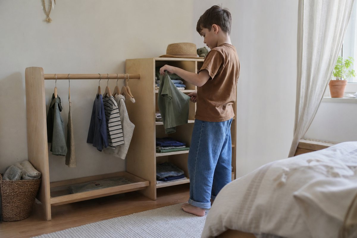 Niedrige Kleiderstange in Kinderhoehe mit wenigen Kleidungsstuecken