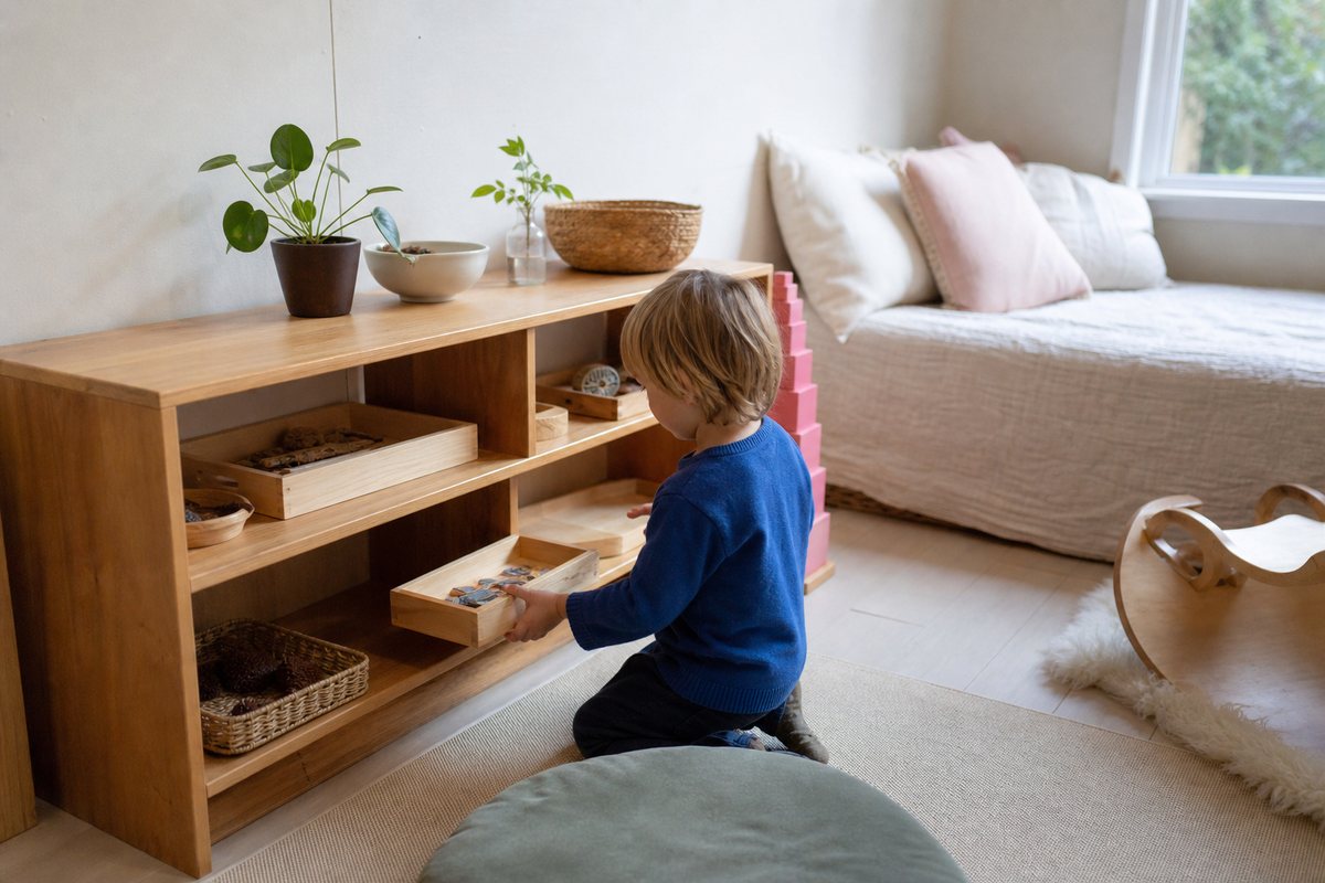 Offenes niedriges Regal mit wenigen Materialien in Kinderhoehe