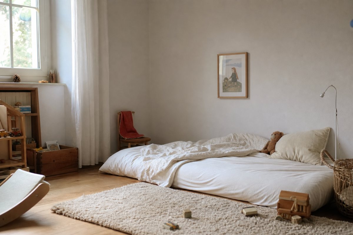 Bodenbett im Montessori Kinderzimmer, frei zugaenglich am Boden
