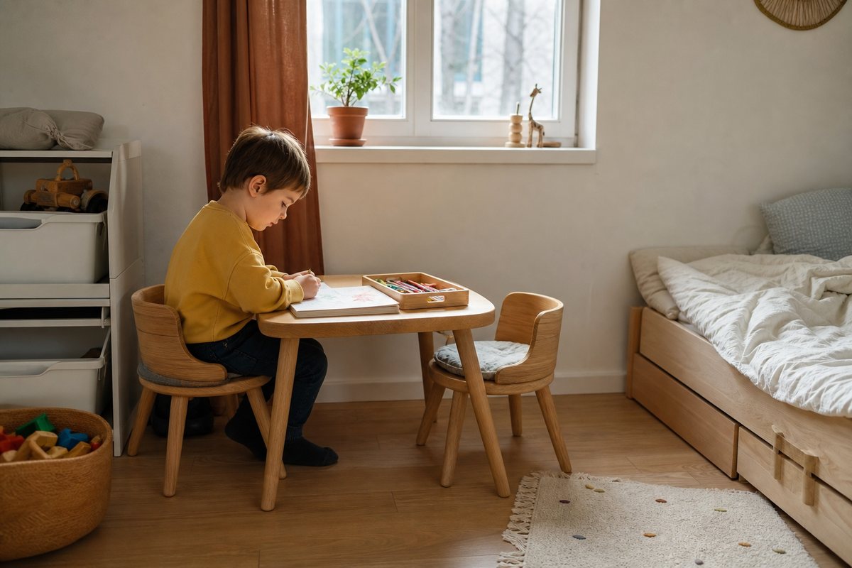 Kind am kleinen Tisch mit passendem Stuhl in der Montessori Sitzecke