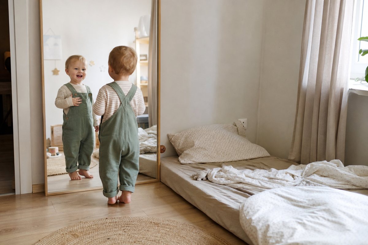 Kleinkind betrachtet sich in einem bodentiefen Spiegel im Kinderzimmer