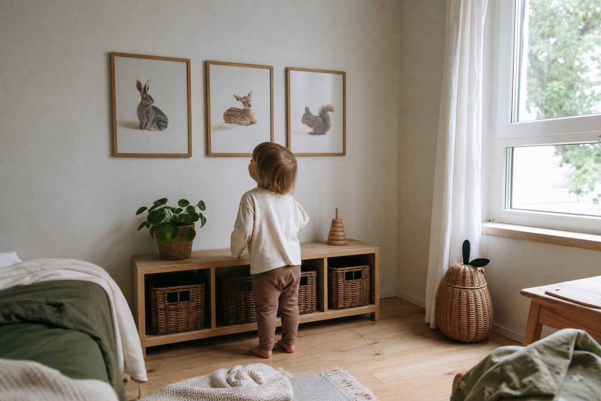 Drei gerahmte Tierbilder haengen auf Augenhoehe des Kindes an der Wand