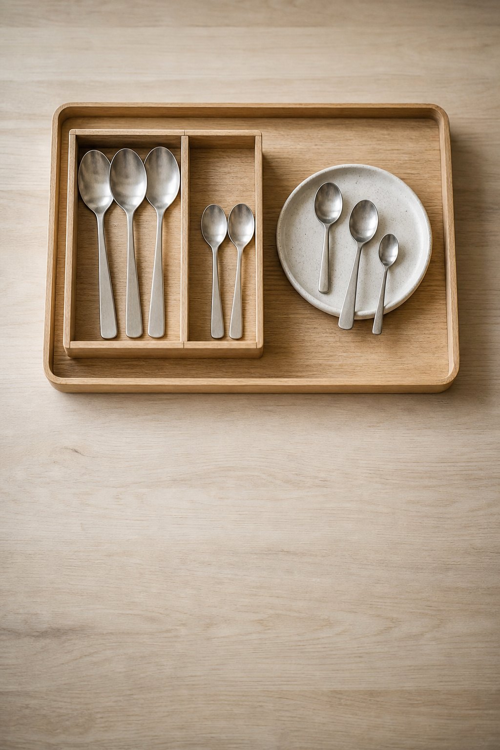 Tablett mit Besteckeinsatz aus Holz und großen Löffeln
